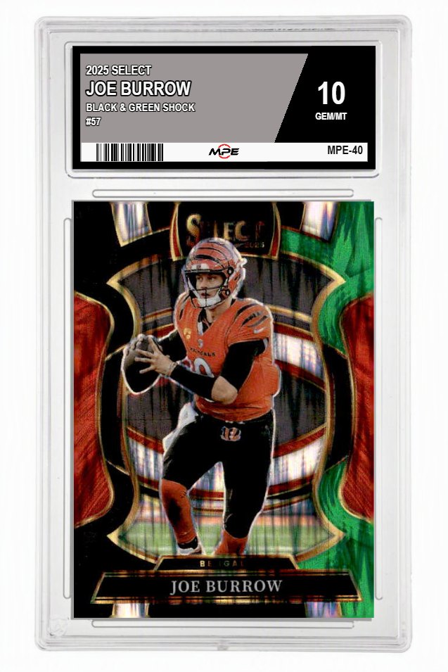 2025 SELECT BLACK & GREEN SHOCK #57 JOE BURROW MPE 10 GEM/MT — graded card up for auction