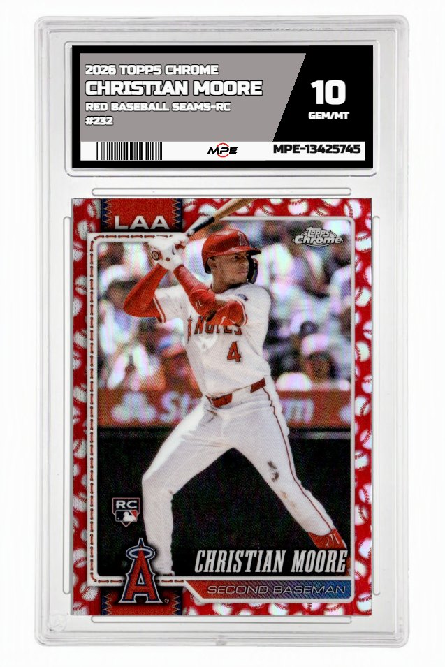 2026 TOPPS CHROME RED BASEBALL SEAMS-RC #232 CHRISTIAN MOORE MPE 10 GEM/MT — graded card auctioned from the MPE vault