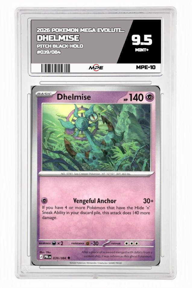 2026 POKEMON MEGA EVOLUTION PITCH BLACK-HOLO #039/084 Dhelmise MPE 9.5 MINT+ — graded card auctioned from the MPE vault