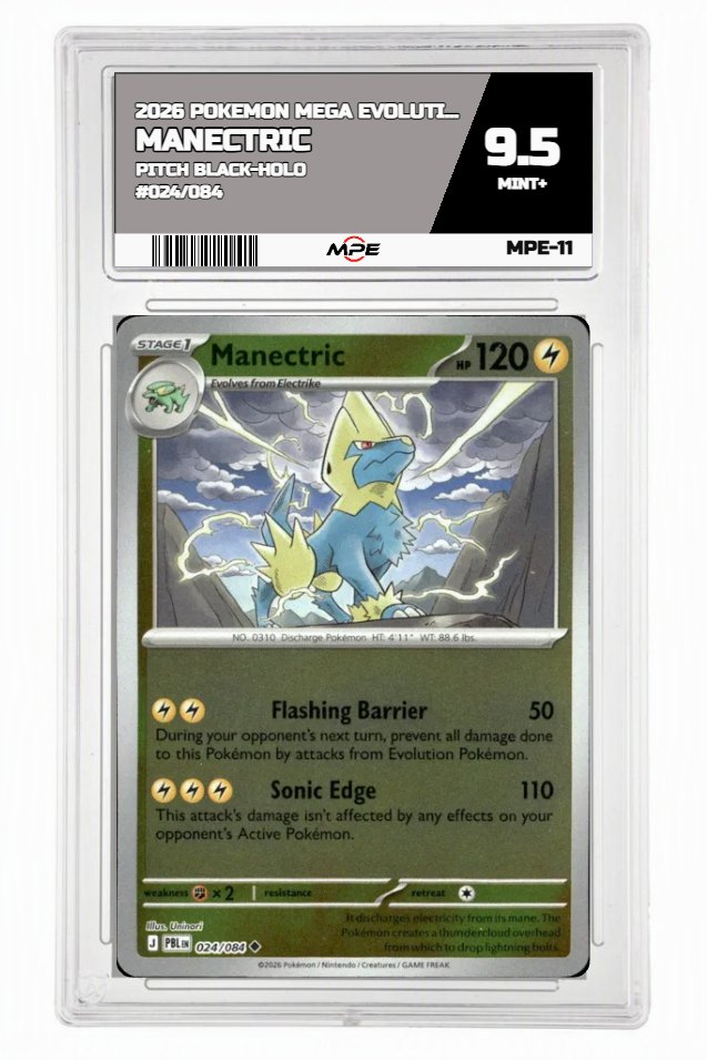 2026 POKEMON MEGA EVOLUTION PITCH BLACK-HOLO #024/084 Manectric MPE 9.5 MINT+ — graded card auctioned from the MPE vault