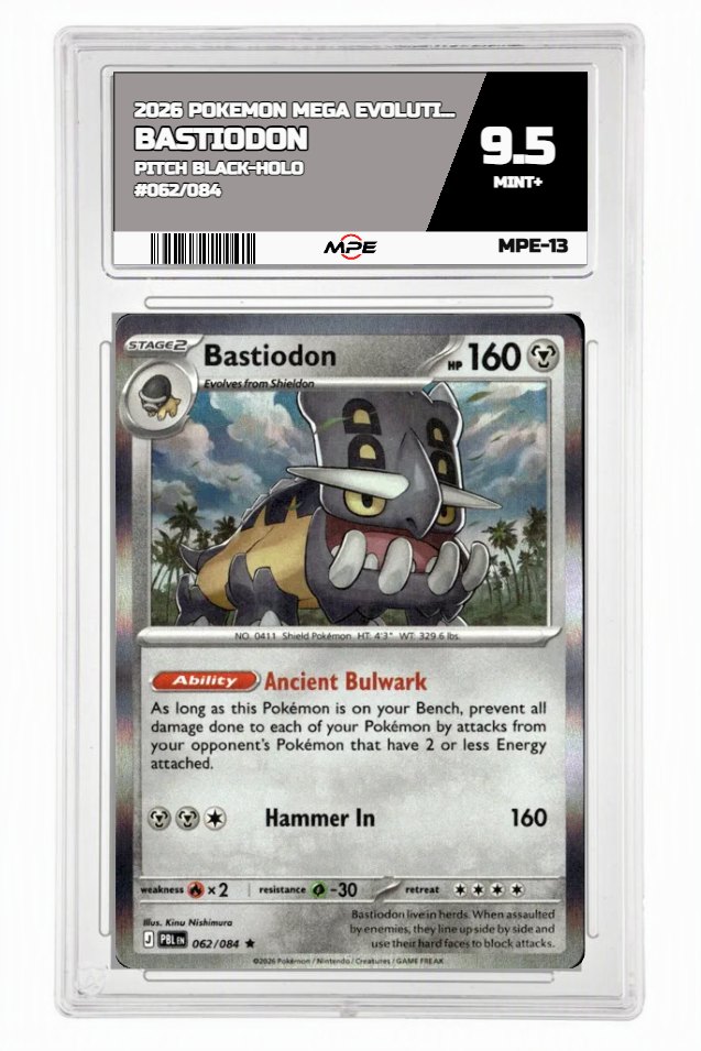 2026 POKEMON MEGA EVOLUTION PITCH BLACK-HOLO #062/084 Bastiodon MPE 9.5 MINT+ — graded card auctioned from the MPE vault