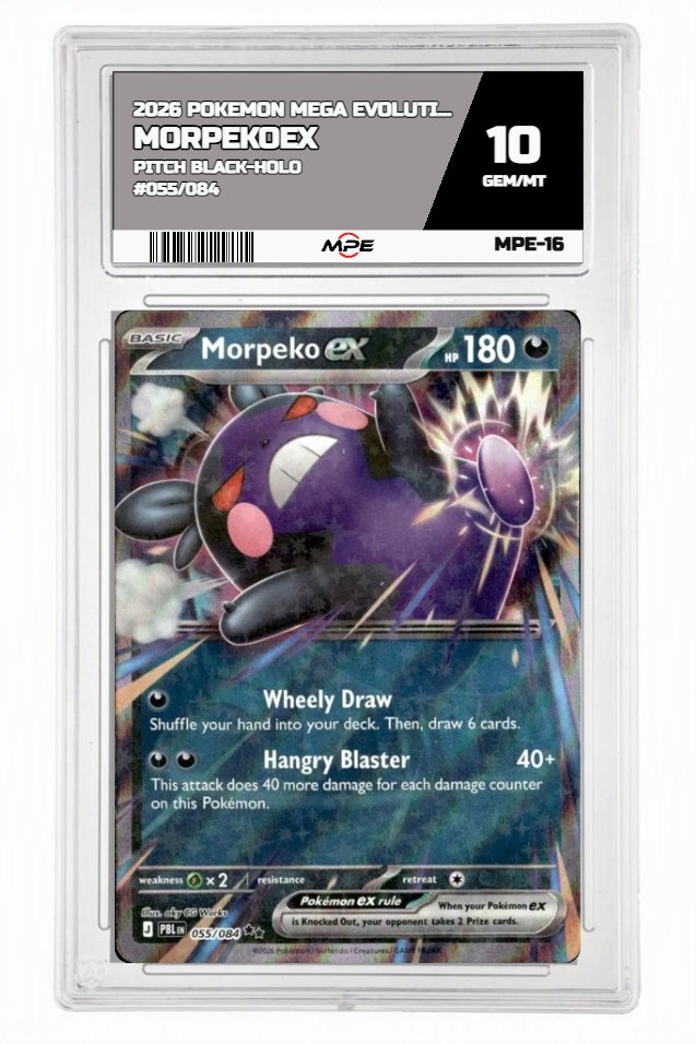 2026 POKEMON MEGA EVOLUTION PITCH BLACK-HOLO #055/084 MorpekoEX MPE 10 GEM/MT — graded card auctioned from the MPE vault
