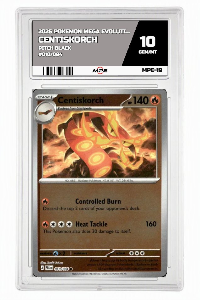 2026 POKEMON MEGA EVOLUTION PITCH BLACK #010/084 CENTISKORCH MPE 10 GEM/MT — graded card auctioned from the MPE vault
