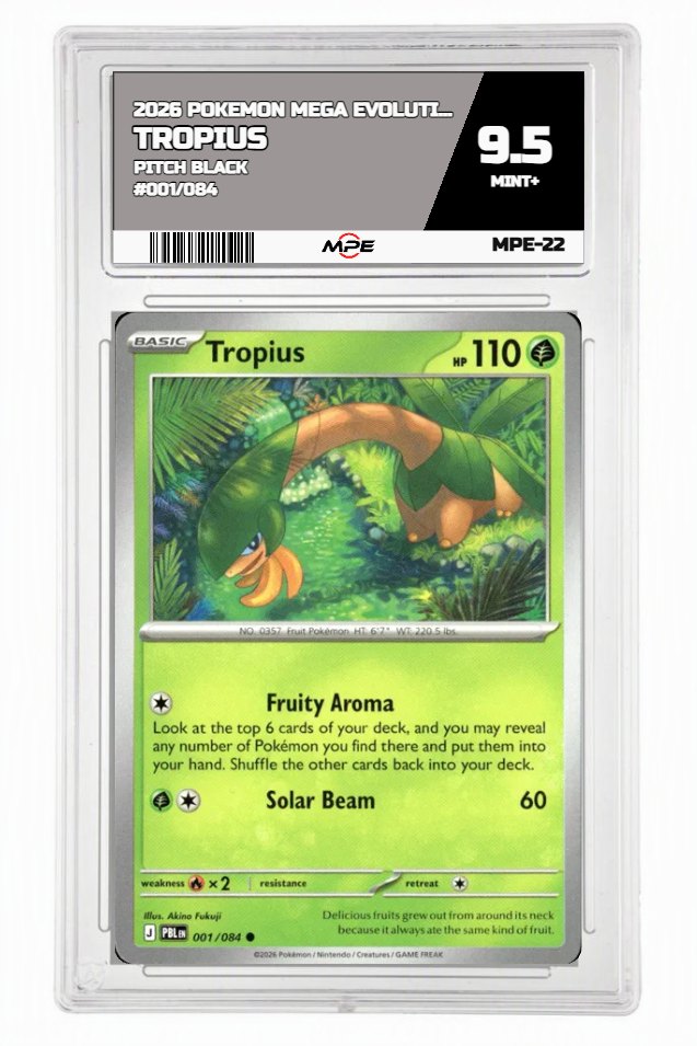 2026 POKEMON MEGA EVOLUTION PITCH BLACK #001/084 Tropius MPE 9.5 MINT+ — graded card auctioned from the MPE vault