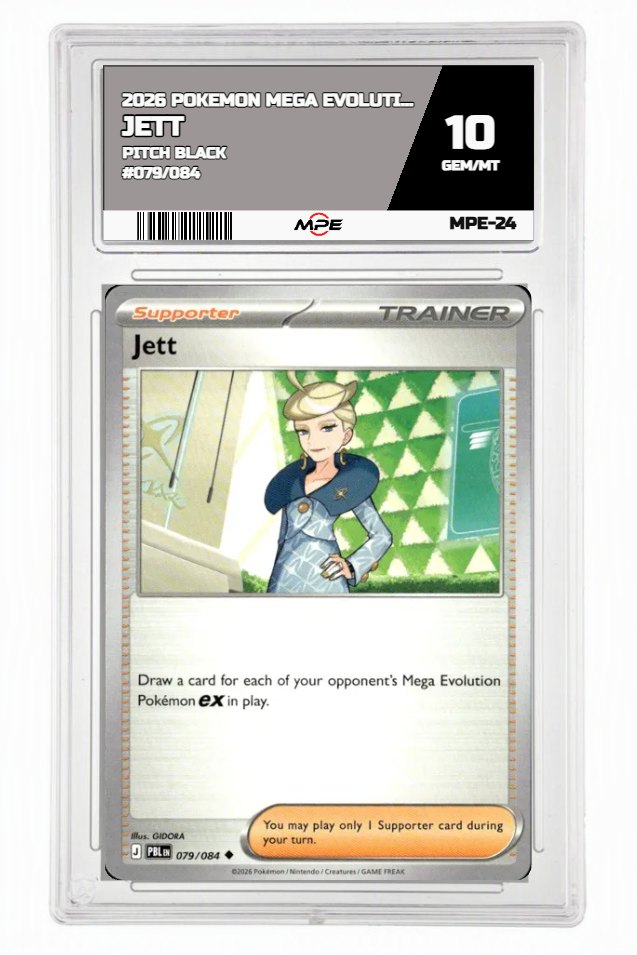 2026 POKEMON MEGA EVOLUTION PITCH BLACK #079/084 JETT MPE 10 GEM/MT — graded card auctioned from the MPE vault