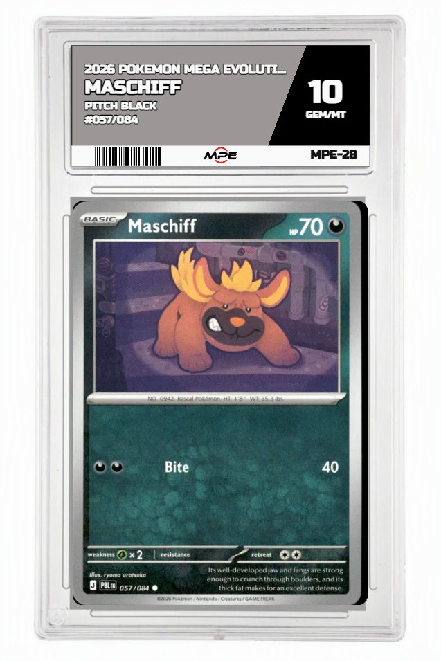 2026 POKEMON MEGA EVOLUTION PITCH BLACK #057/084 Maschiff MPE 10 GEM/MT — graded card auctioned from the MPE vault