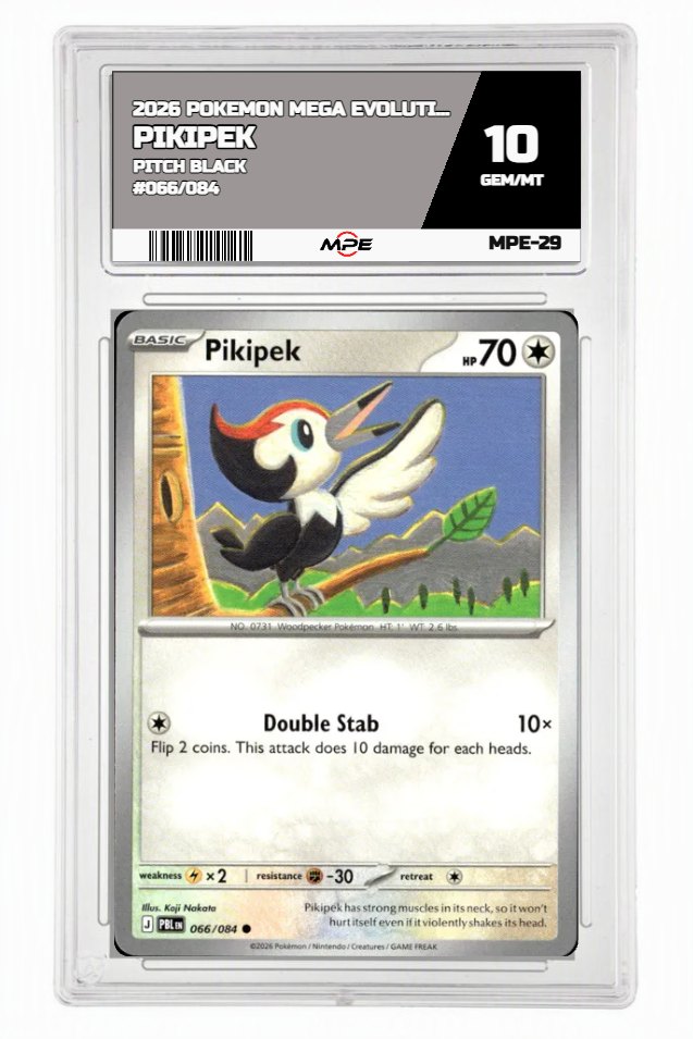 2026 POKEMON MEGA EVOLUTION PITCH BLACK #066/084 Pikipek MPE 10 GEM/MT — graded card auctioned from the MPE vault