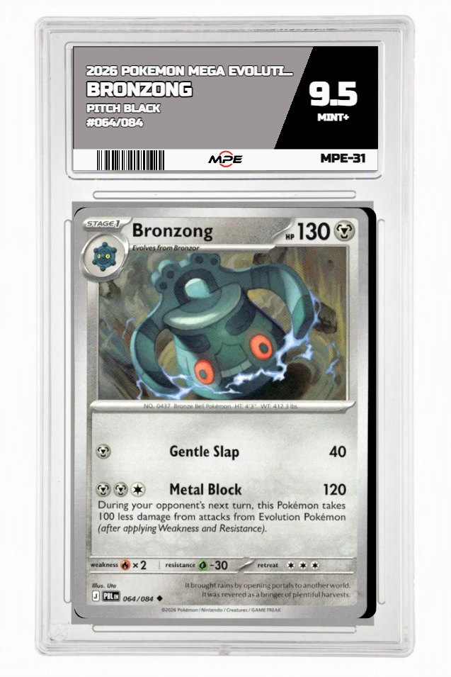 2026 POKEMON MEGA EVOLUTION PITCH BLACK #064/084 BRONZONG MPE 9.5 MINT+ — graded card auctioned from the MPE vault