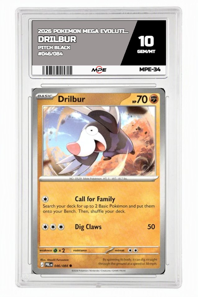 2026 POKEMON MEGA EVOLUTION PITCH BLACK #046/084 Drilbur MPE 10 GEM/MT — graded card auctioned from the MPE vault