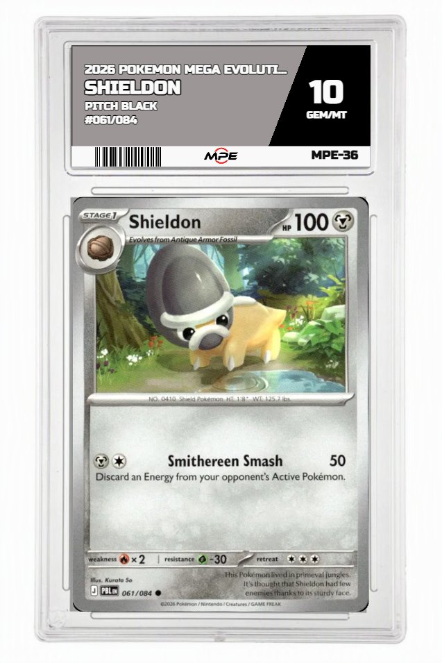 2026 POKEMON MEGA EVOLUTION PITCH BLACK #061/084 Shieldon MPE 10 GEM/MT — graded card auctioned from the MPE vault