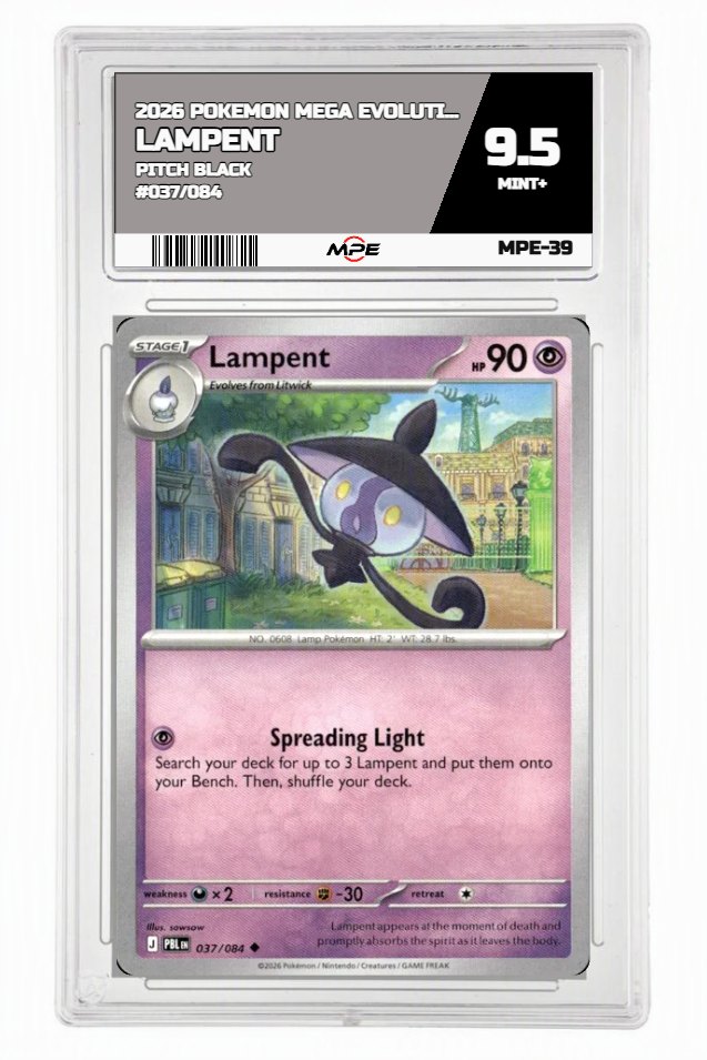 2026 POKEMON MEGA EVOLUTION PITCH BLACK #037/084 Lampent MPE 9.5 MINT+ — graded card auctioned from the MPE vault