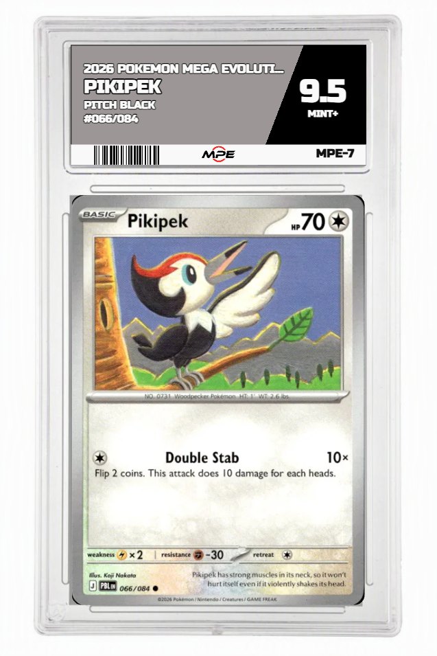 2026 POKEMON MEGA EVOLUTION PITCH BLACK #066/084 Pikipek MPE 9.5 MINT+ — graded card auctioned from the MPE vault