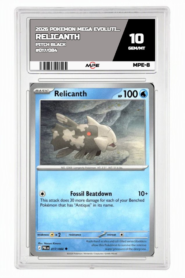 2026 POKEMON MEGA EVOLUTION PITCH BLACK #017/084 Relicanth MPE 10 GEM/MT — graded card auctioned from the MPE vault