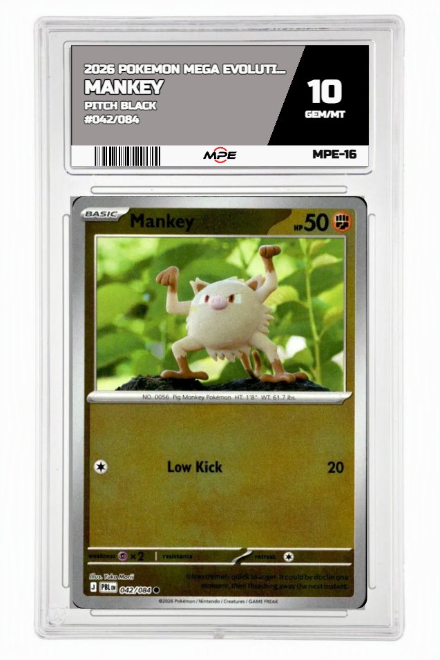 2026 POKEMON MEGA EVOLUTION PITCH BLACK #042/084 MANKEY MPE 10 GEM/MT — graded card auctioned from the MPE vault