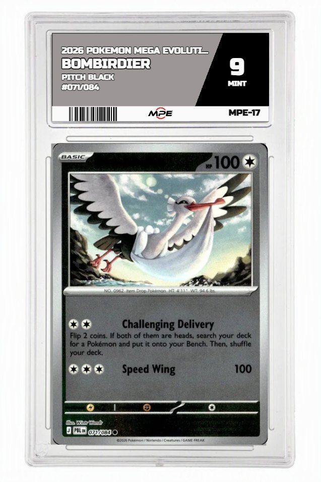 2026 POKEMON MEGA EVOLUTION PITCH BLACK #071/084 Bombirdier MPE 9 MINT — graded card auctioned from the MPE vault