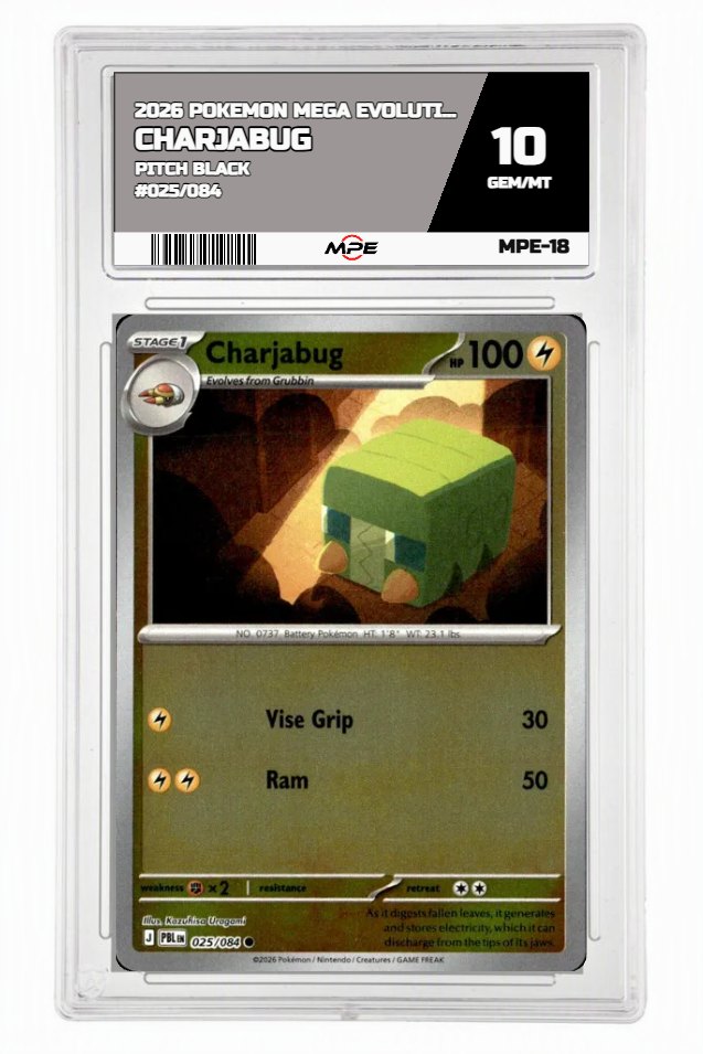 2026 POKEMON MEGA EVOLUTION PITCH BLACK #025/084 Charjabug MPE 10 GEM/MT — graded card auctioned from the MPE vault