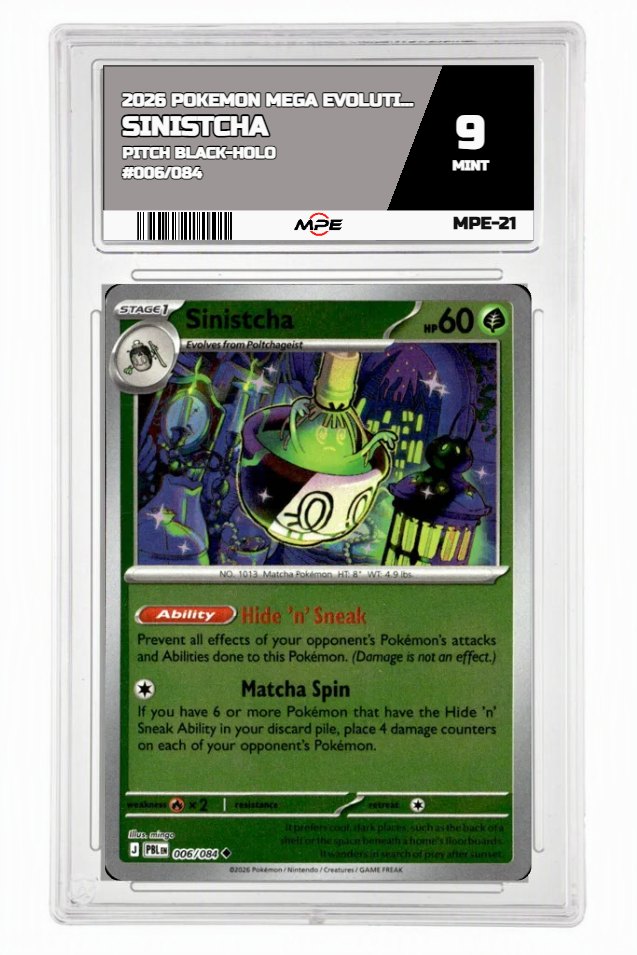 2026 POKEMON MEGA EVOLUTION PITCH BLACK-HOLO #006/084 Sinistcha MPE 9 MINT — graded card auctioned from the MPE vault