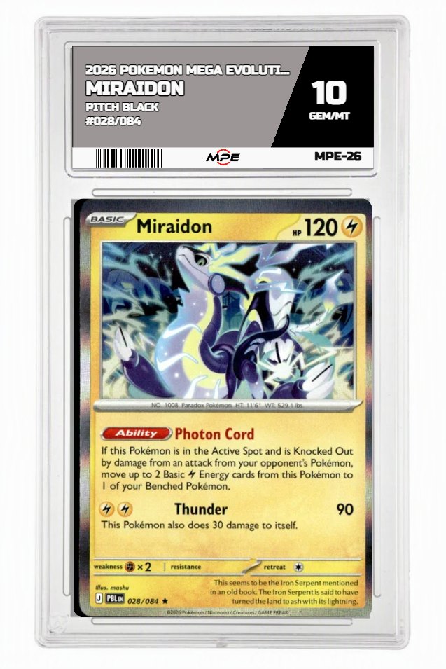 2026 POKEMON MEGA EVOLUTION PITCH BLACK #028/084 Miraidon MPE 10 GEM/MT — graded card auctioned from the MPE vault