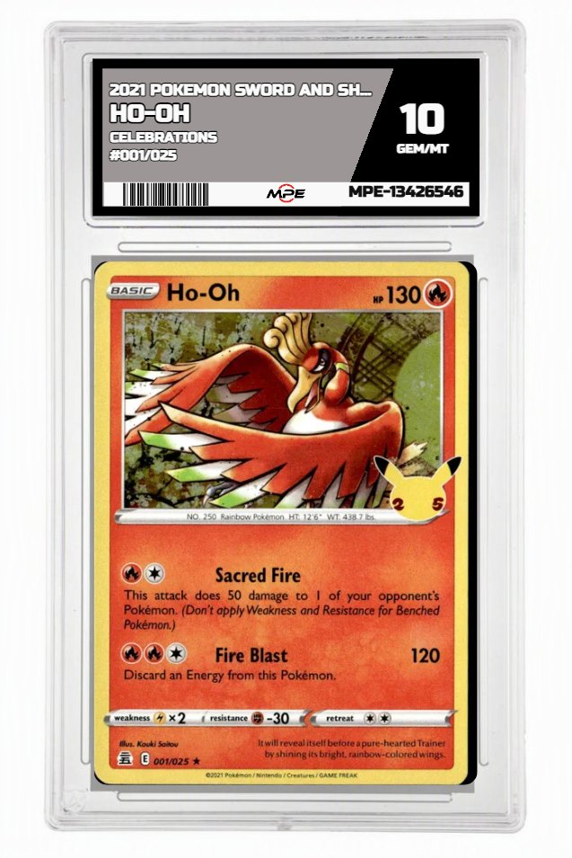 2021 POKEMON SWORD AND SHIELD CELEBRATIONS #001/025 Ho-Oh MPE 10 GEM/MT — graded card up for auction