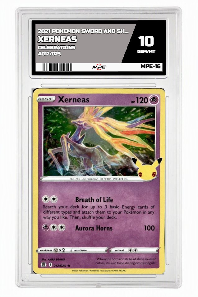 2021 POKEMON SWORD AND SHIELD CELEBRATIONS #012/025 Xerneas MPE 10 GEM/MT — graded card up for auction