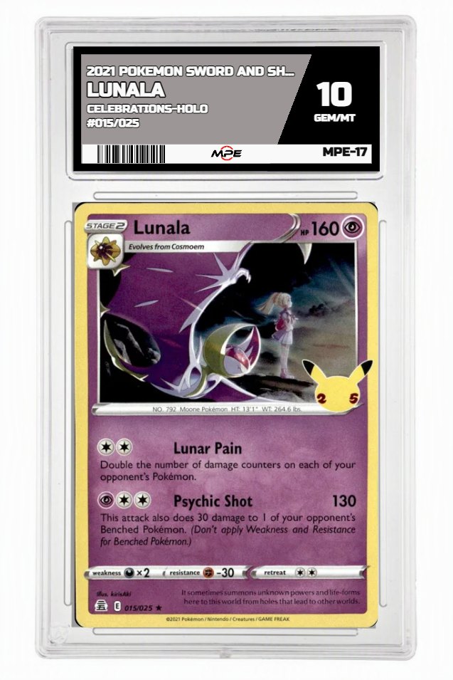 2021 POKEMON SWORD AND SHIELD CELEBRATIONS-HOLO #015/025 Lunala MPE 10 GEM/MT — graded card up for auction