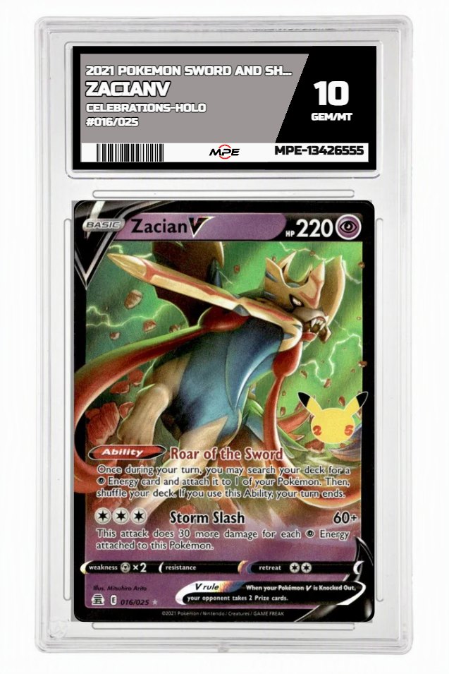 2021 POKEMON SWORD AND SHIELD CELEBRATIONS-HOLO #016/025 ZacianV MPE 10 GEM/MT — graded card up for auction
