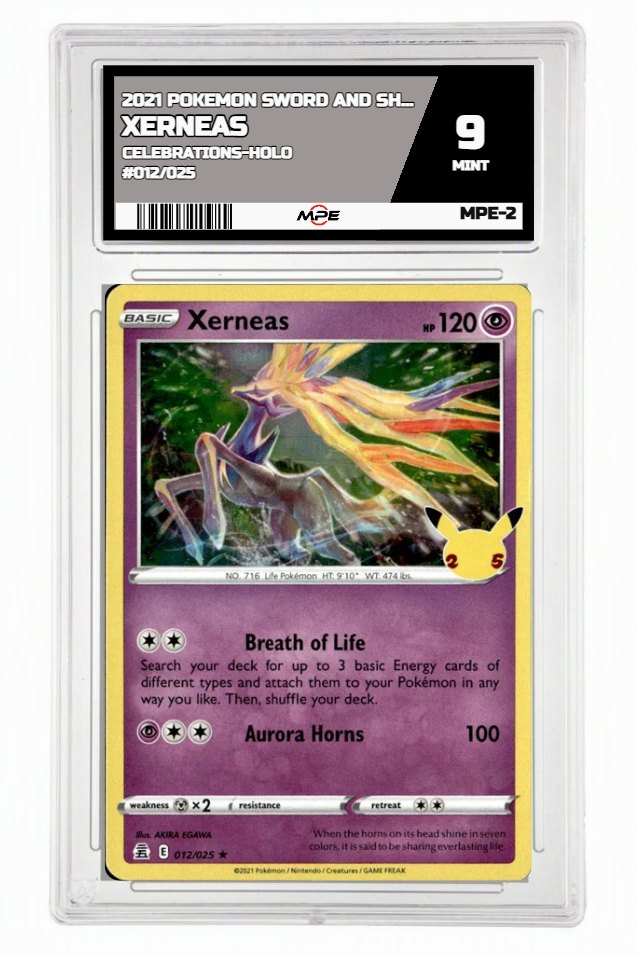 2021 POKEMON SWORD AND SHIELD CELEBRATIONS-HOLO #012/025 Xerneas MPE 9 MINT — graded card up for auction