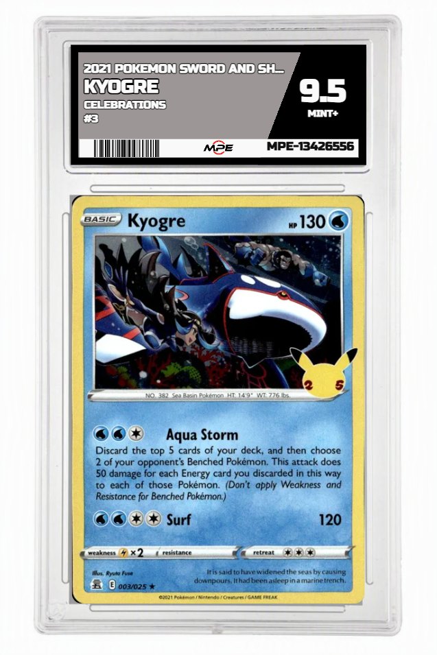 2021 POKEMON SWORD AND SHIELD CELEBRATIONS #3 Kyogre MPE 9.5 MINT+ — graded card up for auction