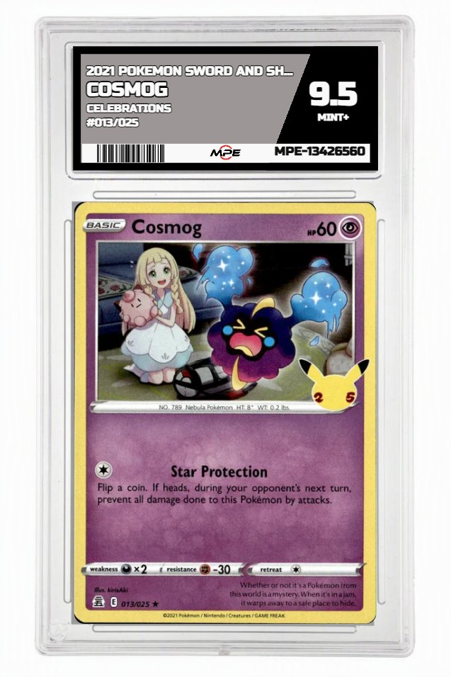 2021 POKEMON SWORD AND SHIELD CELEBRATIONS #013/025 Cosmog MPE 9.5 MINT+ — graded card up for auction