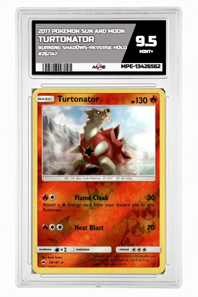 2017 POKEMON SUN AND MOON BURNING SHADOWS-REVERSE HOLO #26/147 Turtonator MPE 9.5 MINT+ — graded card up for auction