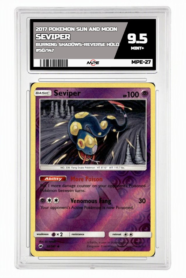 2017 POKEMON SUN AND MOON BURNING SHADOWS-REVERSE HOLO #50/147 Seviper MPE 9.5 MINT+ — graded card up for auction