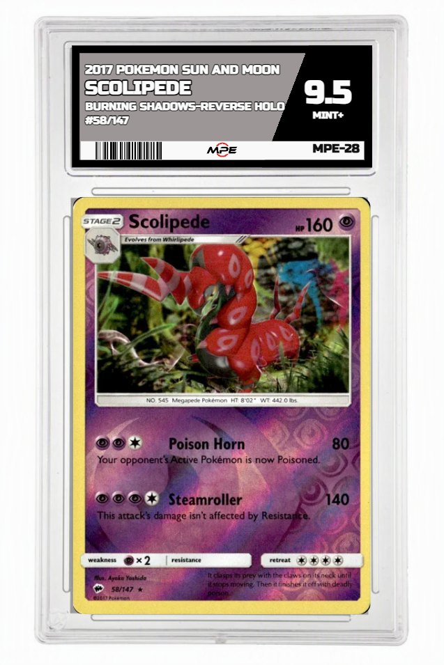 2017 POKEMON SUN AND MOON BURNING SHADOWS-REVERSE HOLO #58/147 Scolipede MPE 9.5 MINT+ — graded card up for auction