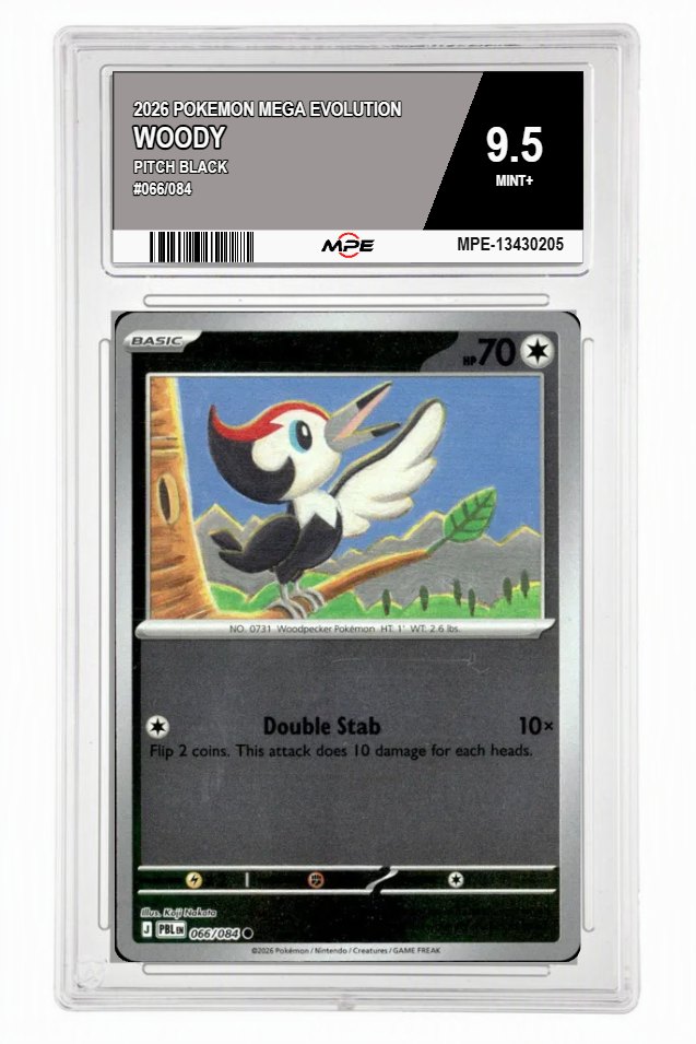 2026 POKEMON MEGA EVOLUTION PITCH BLACK #066/084 WOODY MPE 9.5 MINT+ — graded card auctioned from the MPE vault