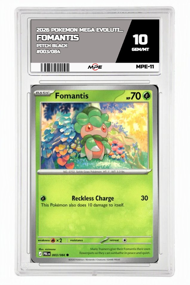 2026 POKEMON MEGA EVOLUTION PITCH BLACK #003/084 FOMANTIS MPE 10 GEM/MT — graded card auctioned from the MPE vault