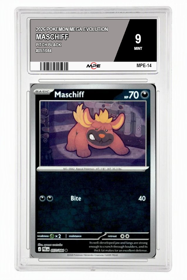 2026 POKEMON MEGA EVOLUTION PITCH BLACK #057/084 Maschiff MPE 9 MINT — graded card auctioned from the MPE vault