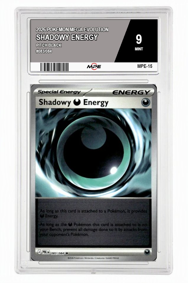 2026 POKEMON MEGA EVOLUTION PITCH BLACK #083/084 SHADOWY ENERGY MPE 9 MINT — graded card auctioned from the MPE vault