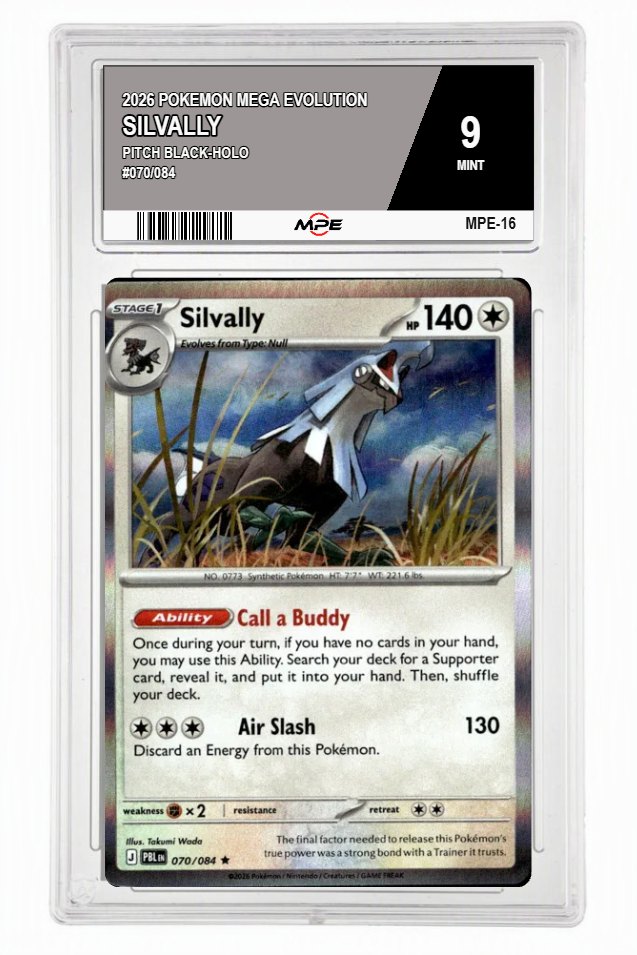 2026 POKEMON MEGA EVOLUTION PITCH BLACK-HOLO #070/084 Silvally MPE 9 MINT — graded card auctioned from the MPE vault