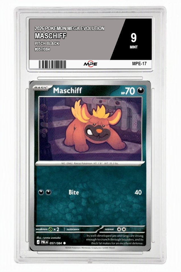 2026 POKEMON MEGA EVOLUTION PITCH BLACK #057/084 Maschiff MPE 9 MINT — graded card auctioned from the MPE vault