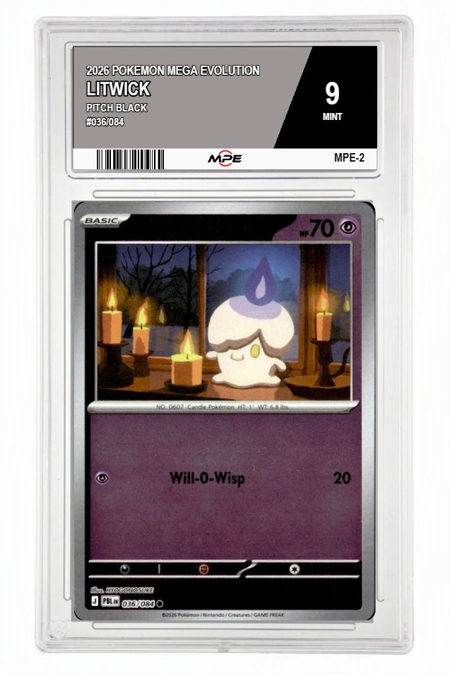 2026 POKEMON MEGA EVOLUTION PITCH BLACK #036/084 Litwick MPE 9 MINT — graded card auctioned from the MPE vault