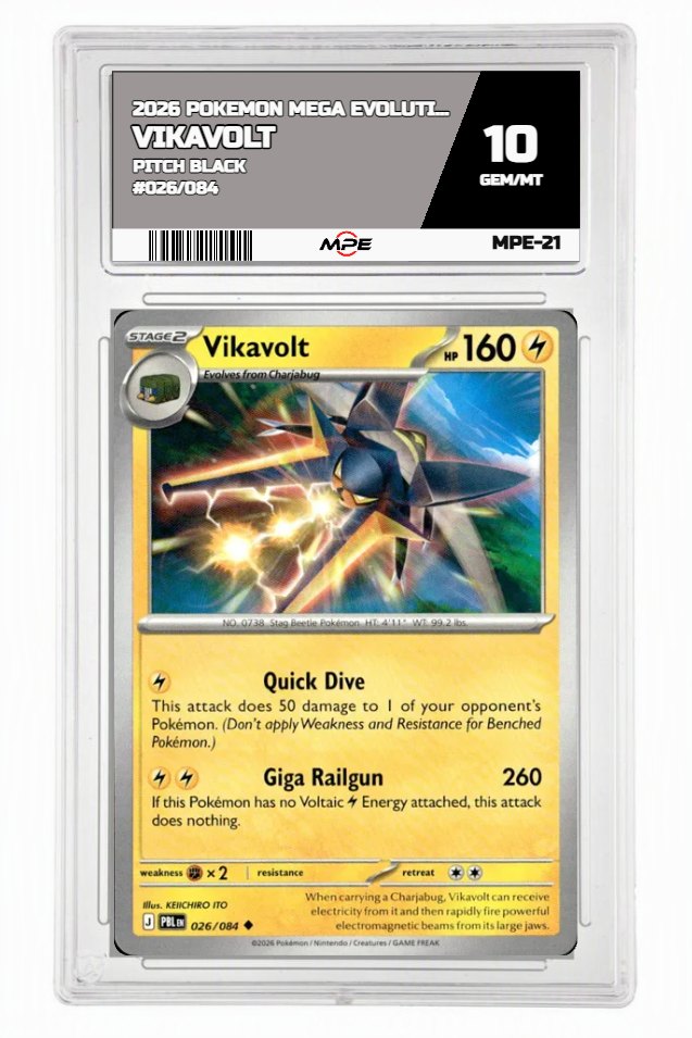 2026 POKEMON MEGA EVOLUTION PITCH BLACK #026/084 VIKAVOLT MPE 10 GEM/MT — graded card auctioned from the MPE vault
