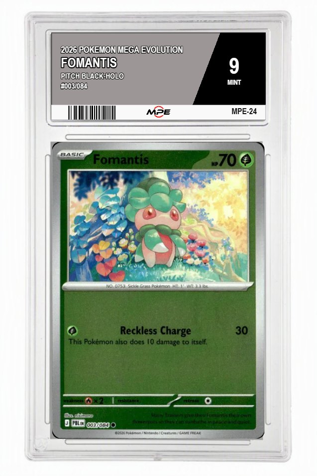 2026 POKEMON MEGA EVOLUTION PITCH BLACK-HOLO #003/084 Fomantis MPE 9 MINT — graded card auctioned from the MPE vault