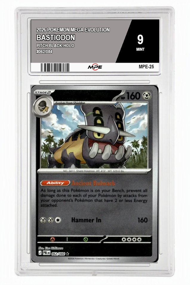 2026 POKEMON MEGA EVOLUTION PITCH BLACK-HOLO #062/084 BASTIODON MPE 9 MINT — graded card auctioned from the MPE vault