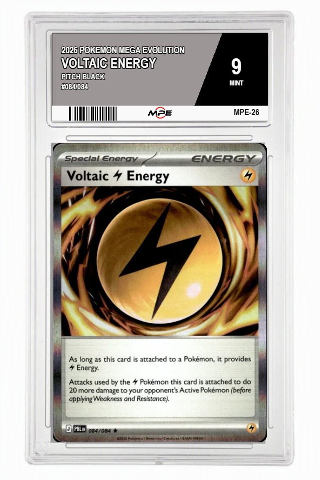 2026 POKEMON MEGA EVOLUTION PITCH BLACK #084/084 VOLTAIC ENERGY MPE 9 MINT — graded card auctioned from the MPE vault