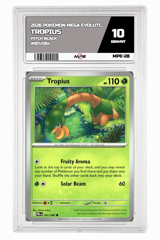 2026 POKEMON MEGA EVOLUTION PITCH BLACK #001/084 Tropius MPE 10 GEM/MT — graded card auctioned from the MPE vault