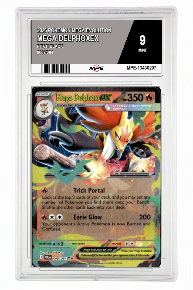 2026 POKEMON MEGA EVOLUTION PITCH BLACK #008/084 Mega DelphoxEX MPE 9 MINT — graded card auctioned from the MPE vault