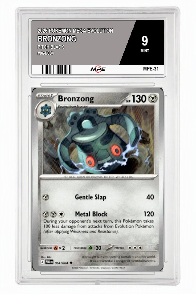 2026 POKEMON MEGA EVOLUTION PITCH BLACK #064/084 BRONZONG MPE 9 MINT — graded card auctioned from the MPE vault