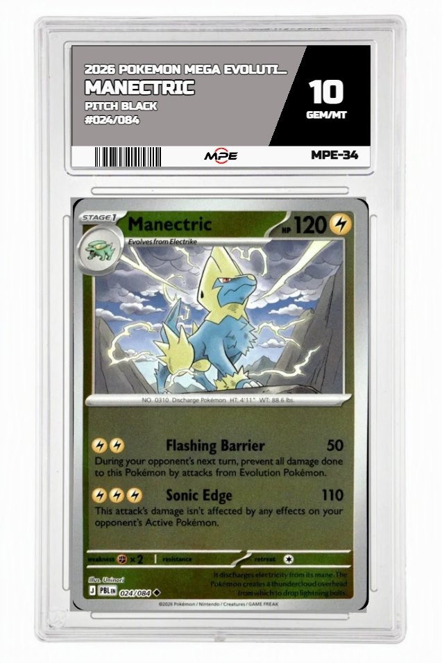 2026 POKEMON MEGA EVOLUTION PITCH BLACK #024/084 Manectric MPE 10 GEM/MT — graded card auctioned from the MPE vault