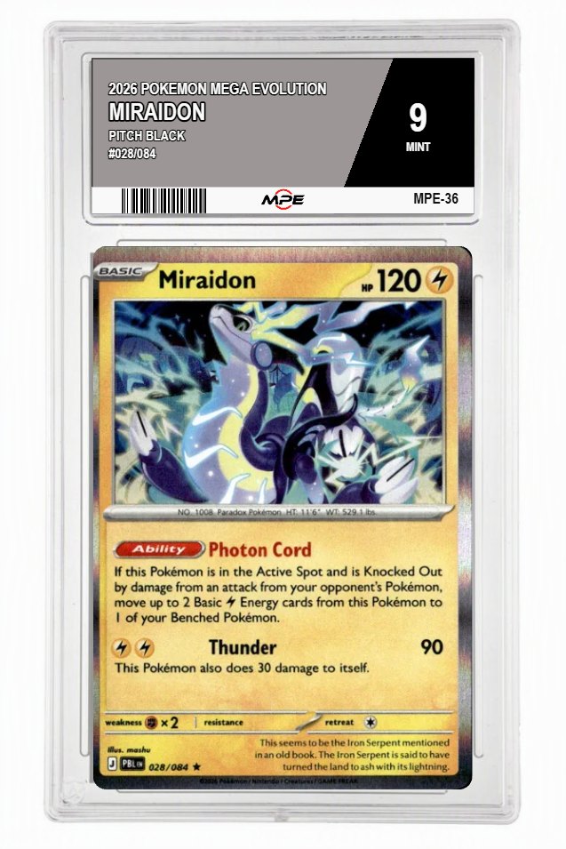 2026 POKEMON MEGA EVOLUTION PITCH BLACK #028/084 MIRAIDON MPE 9 MINT — graded card auctioned from the MPE vault