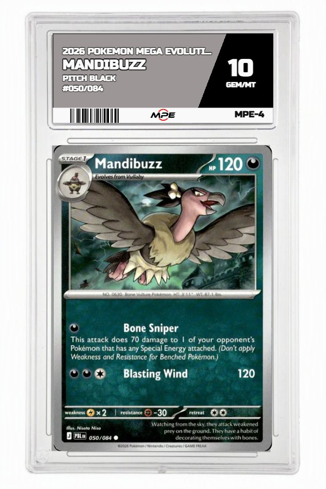 2026 POKEMON MEGA EVOLUTION PITCH BLACK #050/084 Mandibuzz MPE 10 GEM/MT — graded card auctioned from the MPE vault