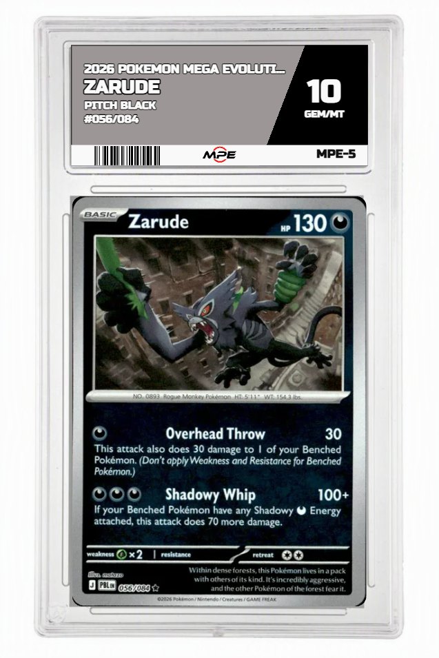 2026 POKEMON MEGA EVOLUTION PITCH BLACK #056/084 Zarude MPE 10 GEM/MT — graded card auctioned from the MPE vault